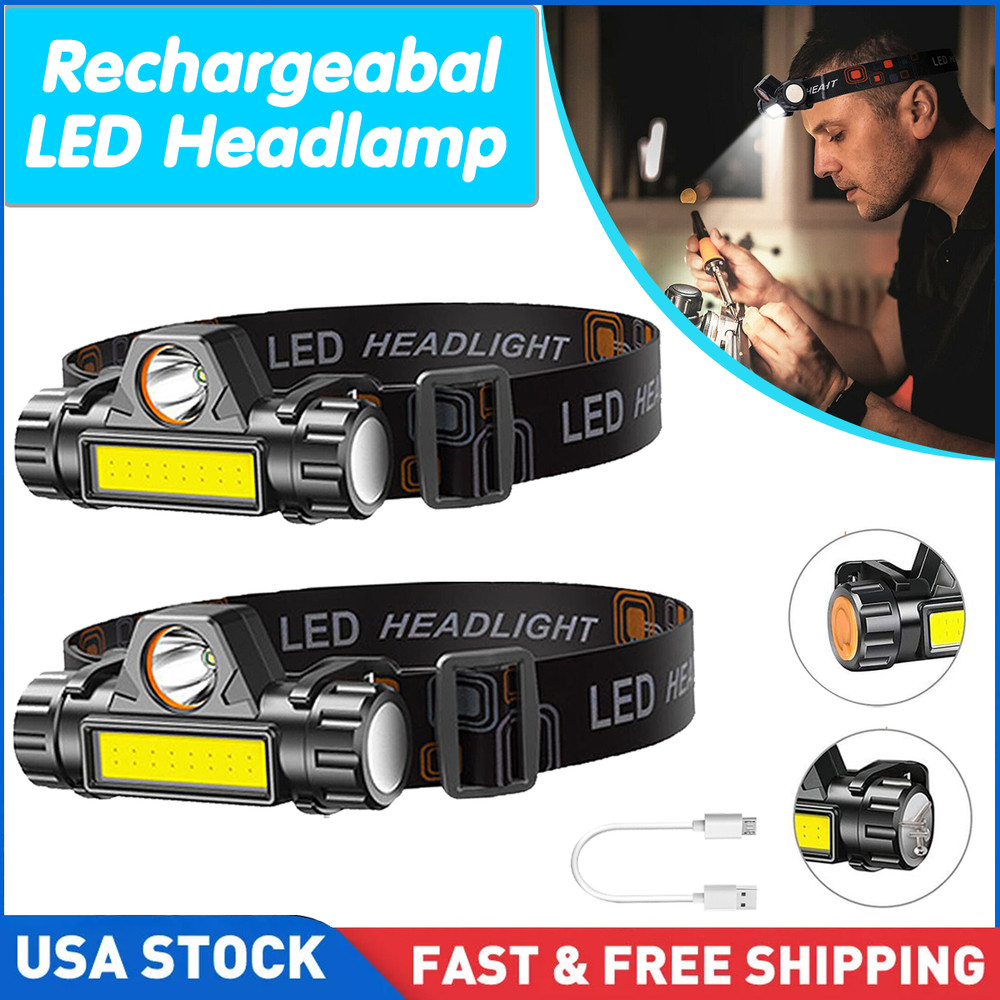 2 Pack LED Headlamp Headlight Flashlight USB Rechargeable Waterproof Head Light