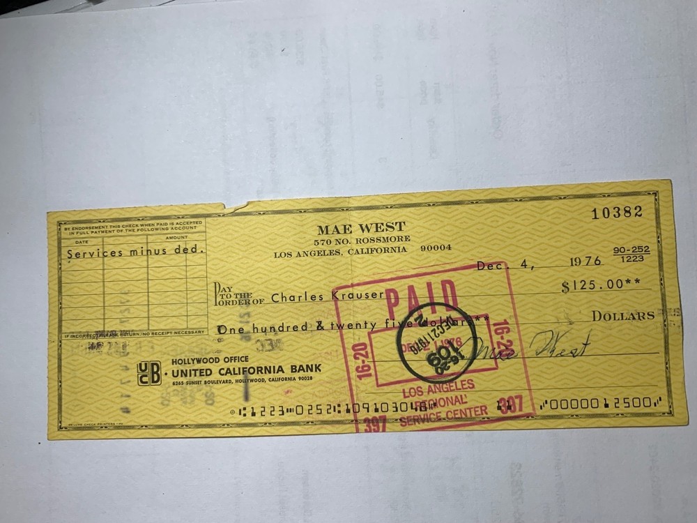 MAE WEST hand signed autographed checks with cancellations for discount pricing.