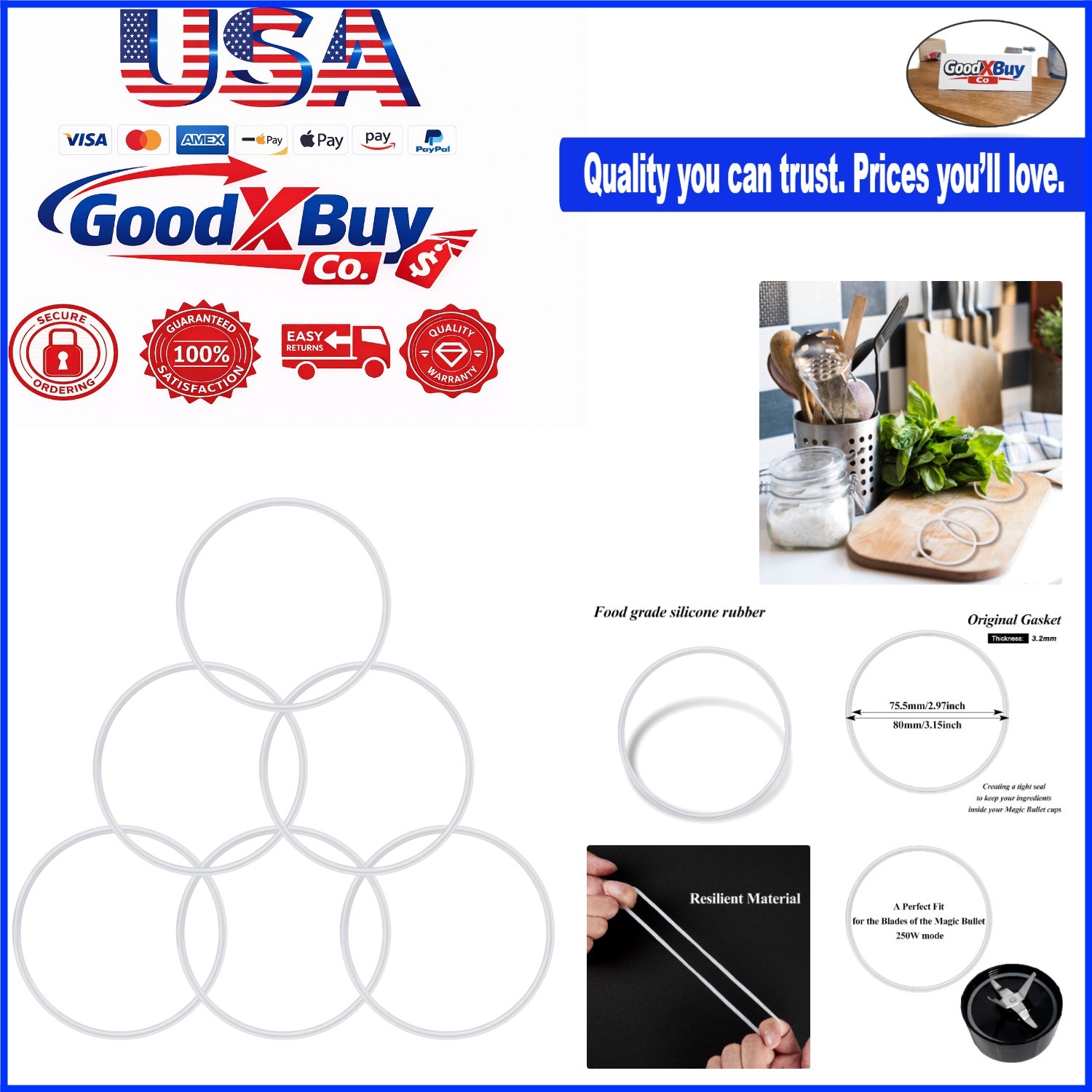 6 Pack White Silicone Gasket Replacement Rings for Magic 250W Blender MB-1001...