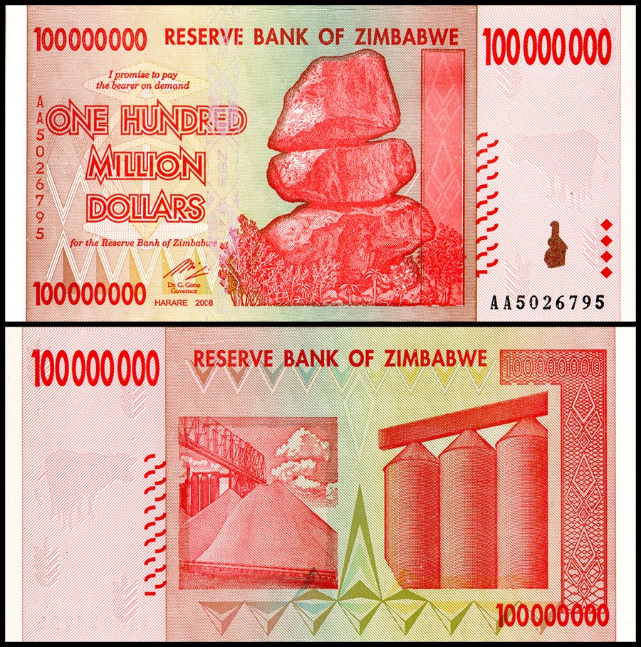Zimbabwe 100 Million Dollars, 2008, P-80, UNC
