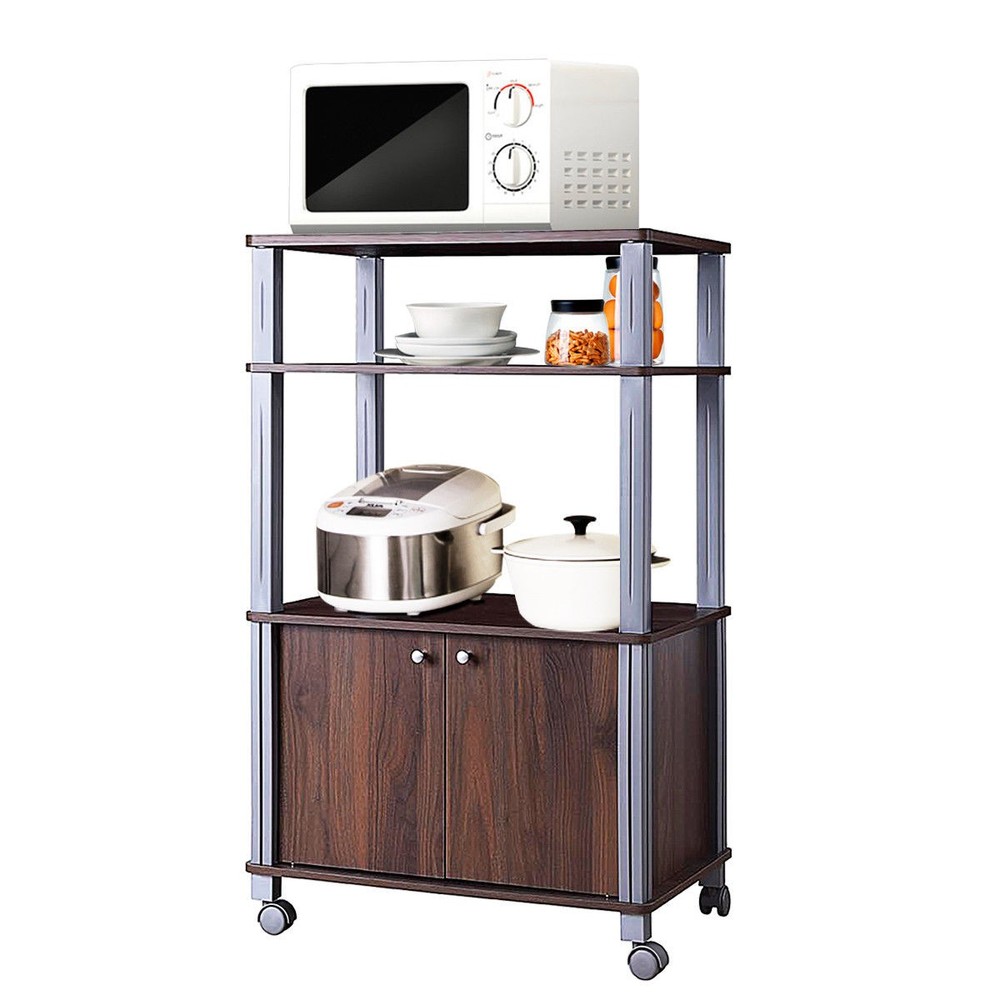 Bakers Rack Microwave Stand Rolling Storage Cart Multi-functional Display Walnut
