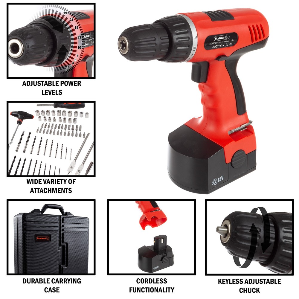 Stalwart 78 Pc - 18 Volt Cordless Drill Set 2 Drill Speeds Bits Drivers Socket