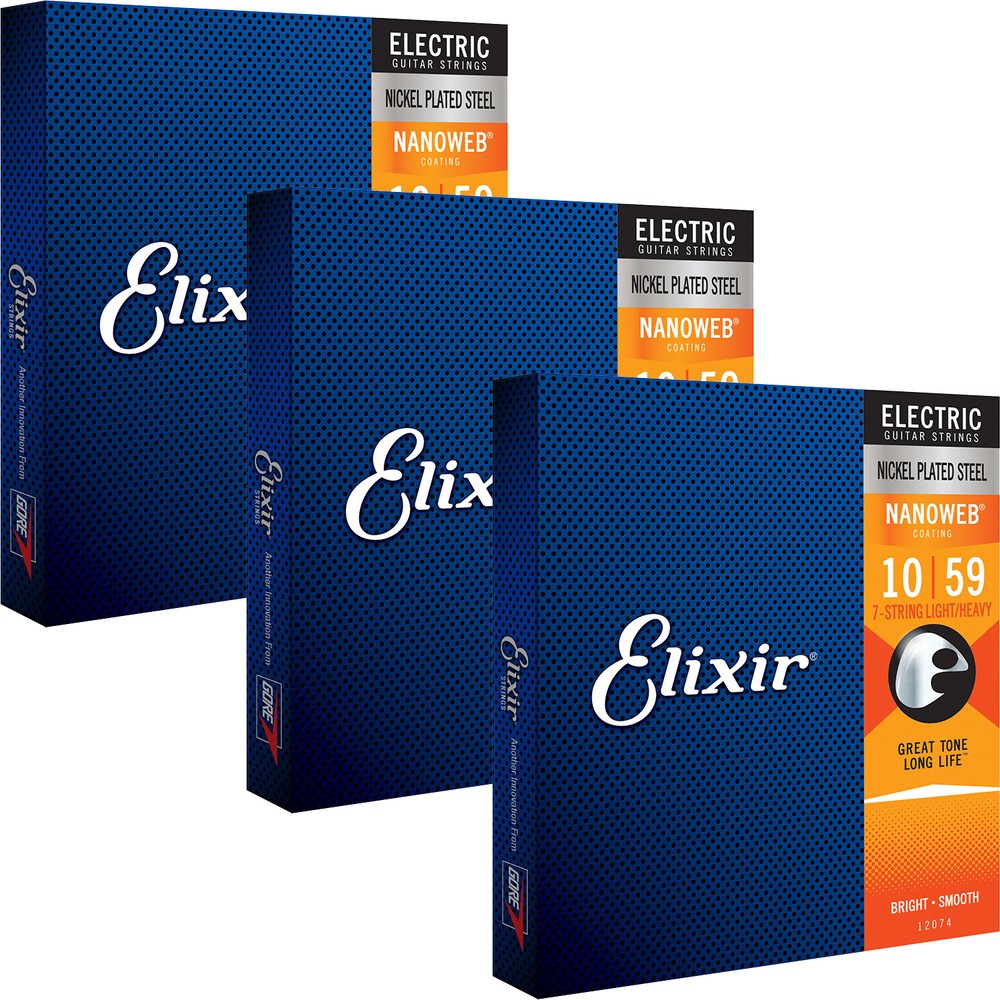3 Sets Elixir 12074 NANOWEB Electric Guitar Strings, 7-String Light/Heavy 10-59