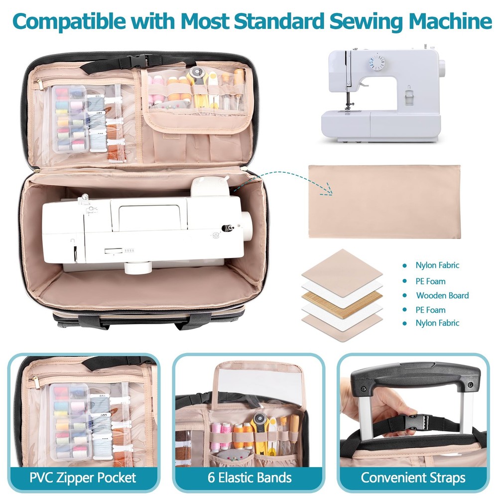 Rolling Sewing Machine Case with Multiple Pockets Bag Wheels and Strap LUXJA