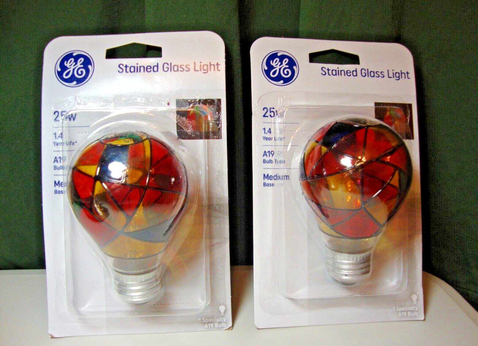 2 GE  Stained Glass Light Bulb 25-Watt Decorative hand painted A19 GE