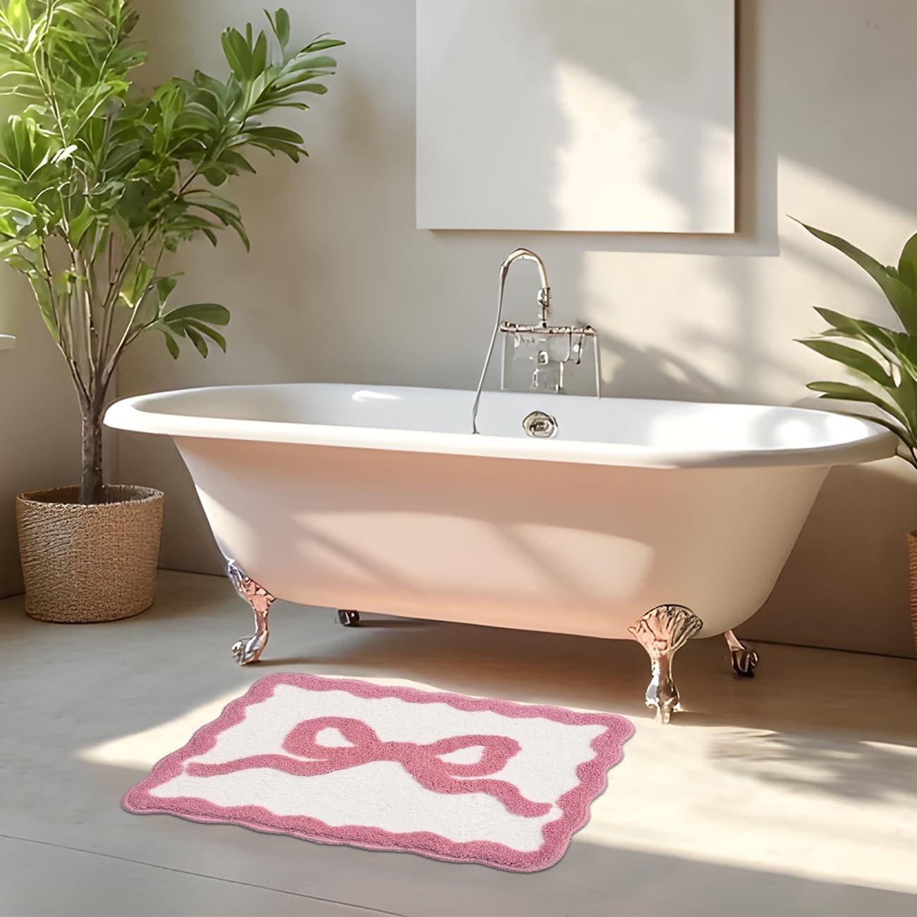 Scalloped Bow Bathroom Rugs Coquette Pink Cute Bath Rug Microfiber Water Abso...