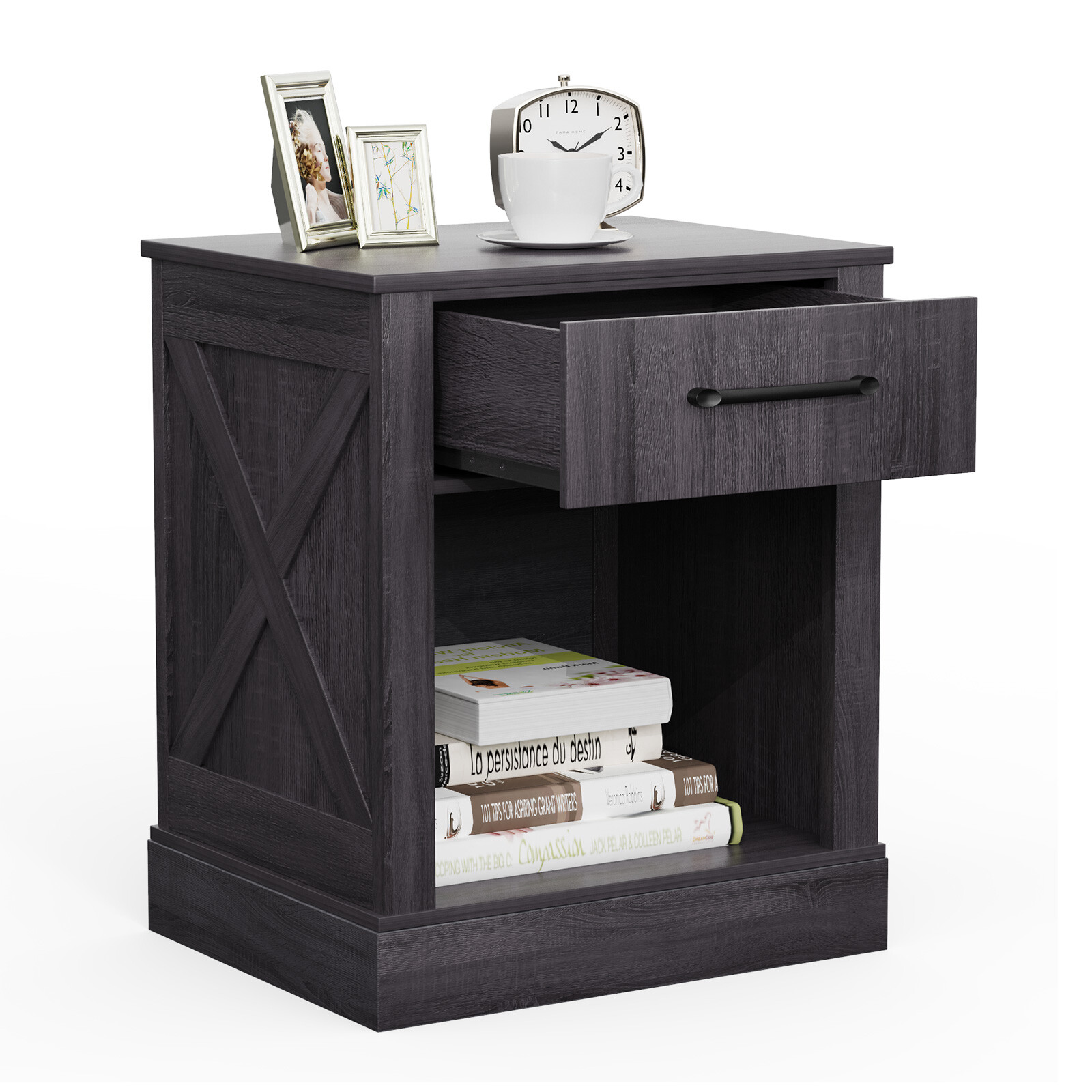 Nightstand with Drawer and Shelf Rustic Wooden Bedside Table Bedroom Black