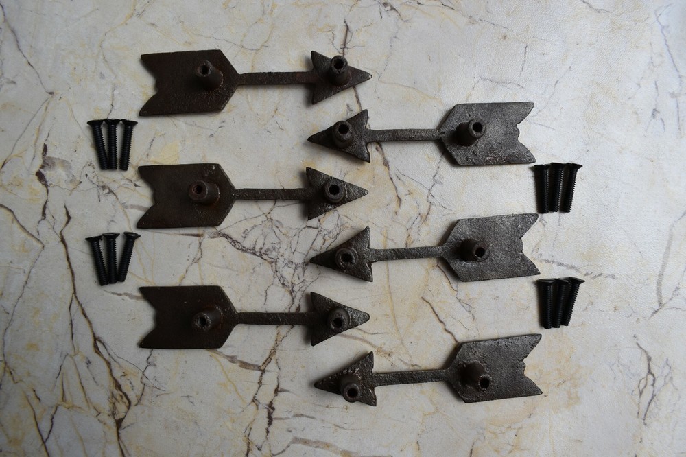 Vintage cast iron Arrow cabinet drawer door knobs handles pull rustic 6 pcs