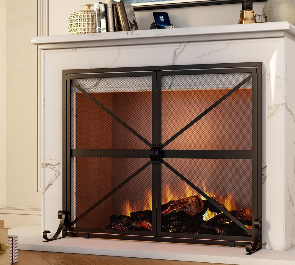 Fireplace Screen with Doors, 2-Pannel Handcrafted Solid Wrought Iron Decorative