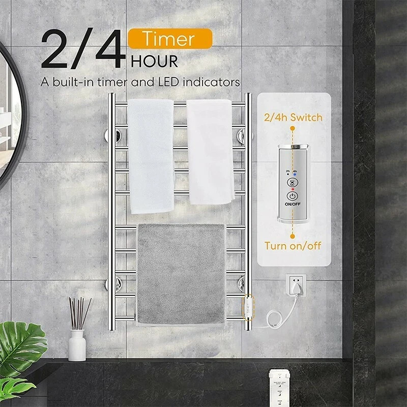 Electric Heated rack towel Warmer 10 Stainless Steel Bars Drying Bathroom silver