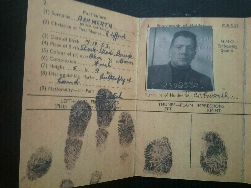 BRITISH SEAMAN'S IDENTITY CARD WITH FINGER PRINTS , WWII REPRODUCTION