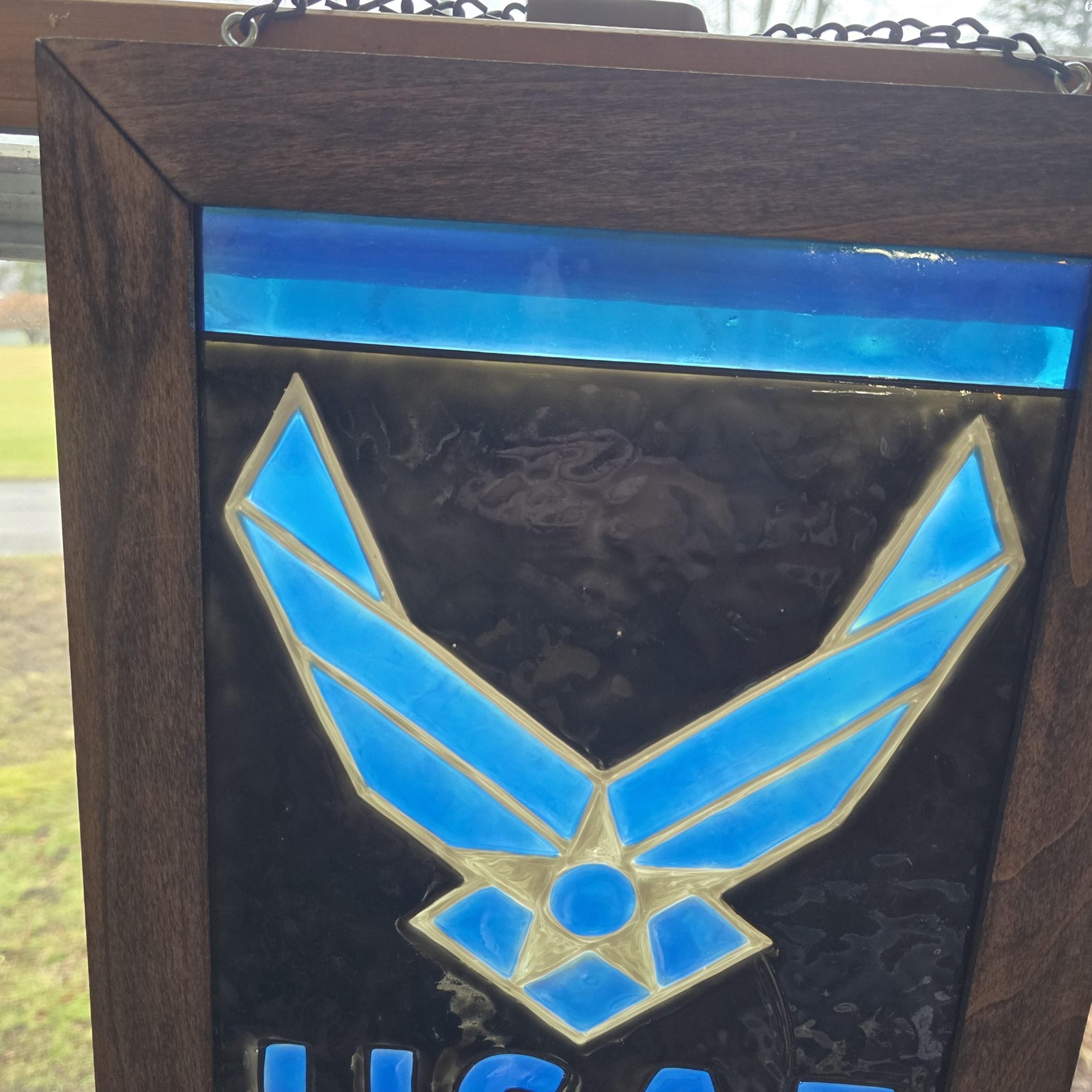 USAF Air Force Stained Glass Hanging Window Panel Wood Frame Blue Black Decor