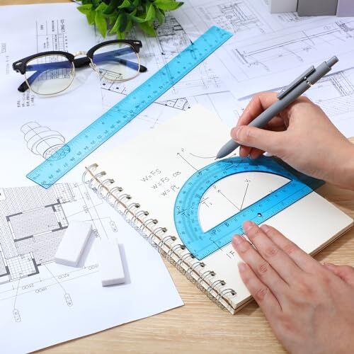 2 Pack 12 Inch Plastic Ruler and 6 Inch Plastic Protractor Set Clear Math Blue