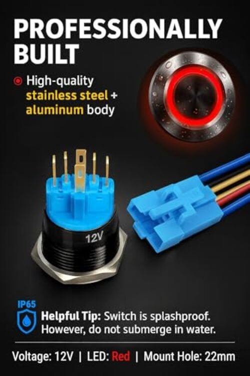 Black Aluminum Push Button Switch 22mm with Socket, 3A 12vDC Ring Latching Red