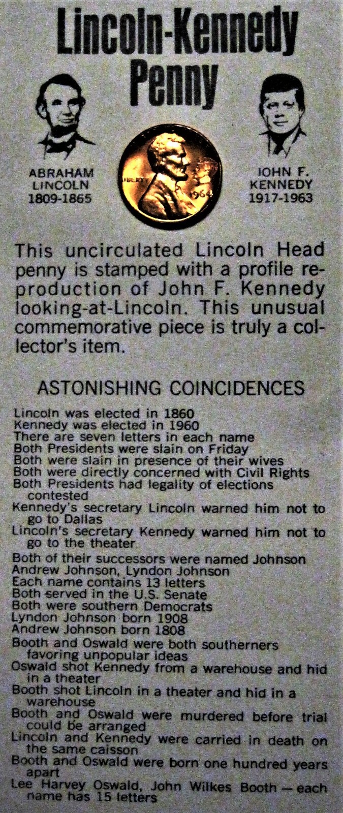 Red Unc 1964 Lincoln Kennedy Penny Astonishing Coincidences JFK Cent Card