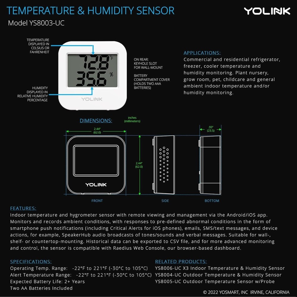 Wide Range Wireless Temp & Humidity Sensor with App Alerts - Hub Required