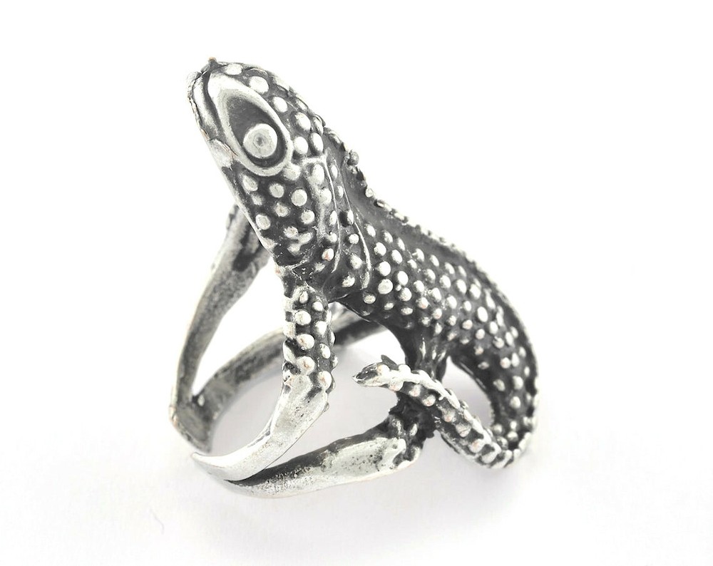 Ring Chameleon Adjustable Antique silver brass Animal Wild Statement cold blood