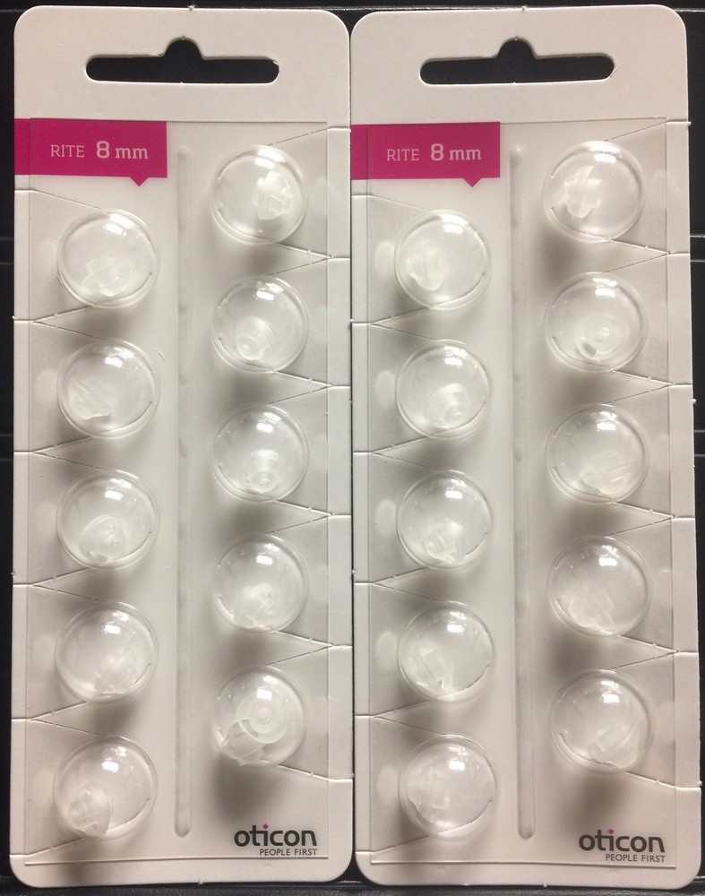 2 Packs Oticon 8mm Rite Open Domes. 10 Domes/pack, 20 Domes Total.