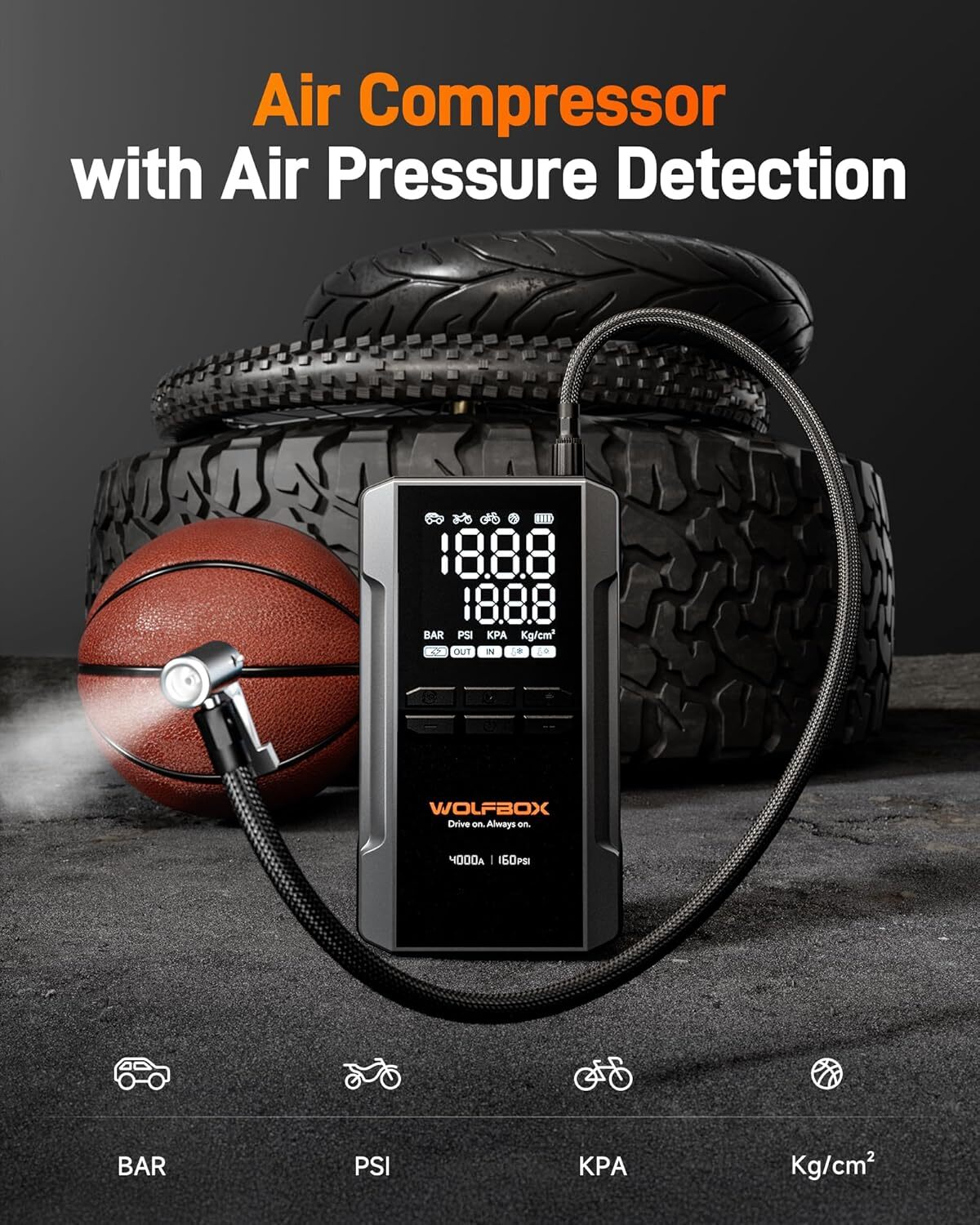 WOLFBOX Jump Starter with Air Compressor, 4000A Portable Car Battery Booster