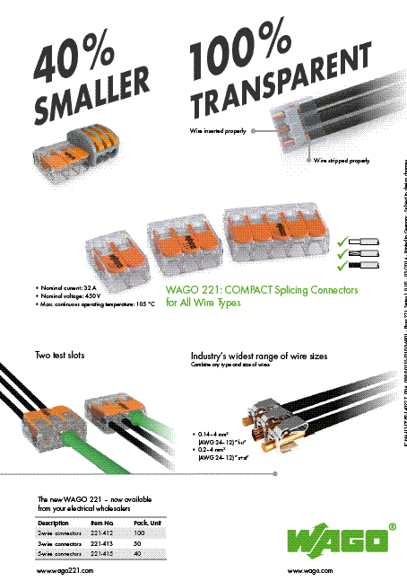 50 pcs WAGO 221-412 COMPACT Splicing Connectors 2 pole Lever Nuts FREE SHIPPING