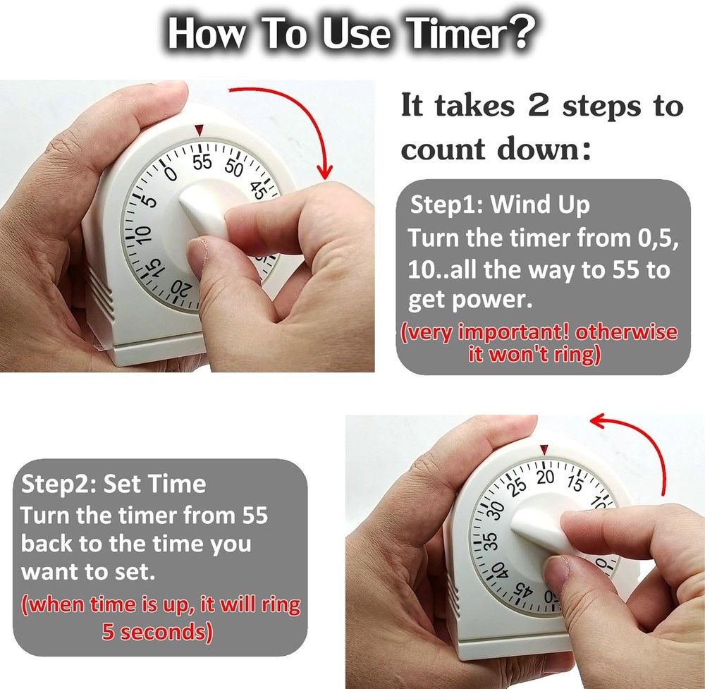 60 Minute Wind Up Timer, Visual Mechanical Timer with Loud Alarm, Manual Countdo