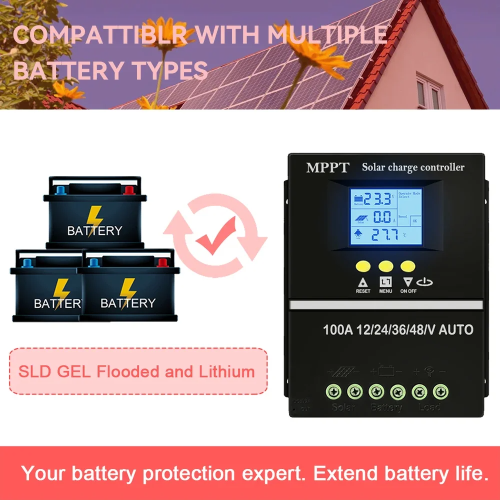 100A MPPT 12V/24V/36V/48V Solar Panel Charge Controller Regulator DC Dual-USB