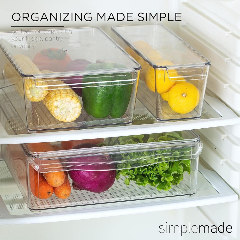 SIMPLEMADE Clear Refrigerator Organizer Bins with Lids - Stackable 3