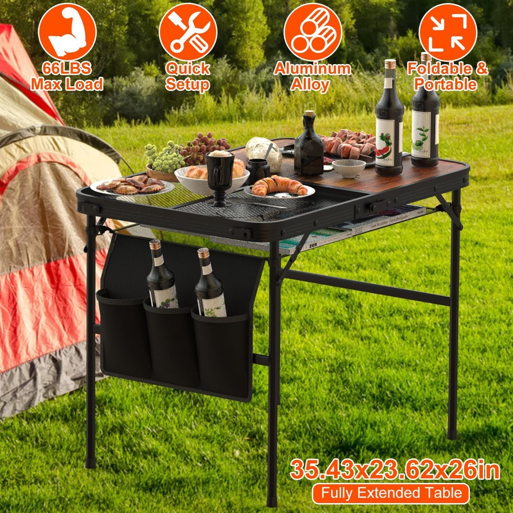 Grill Table Portable Outdoor Camping Table Height Adjustable with Side Pockets