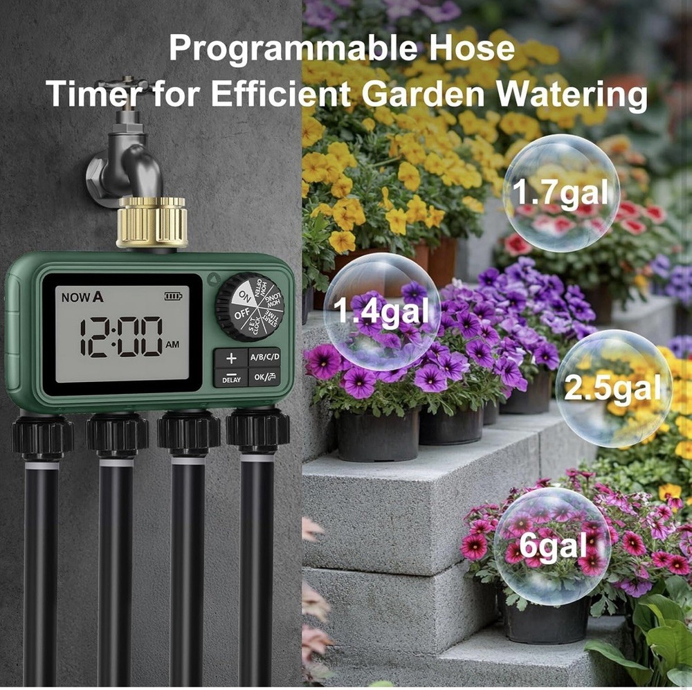 4 Outlet Sprinkler Timer Brass, Programmable Garden Hose Timer with Rain Delay,