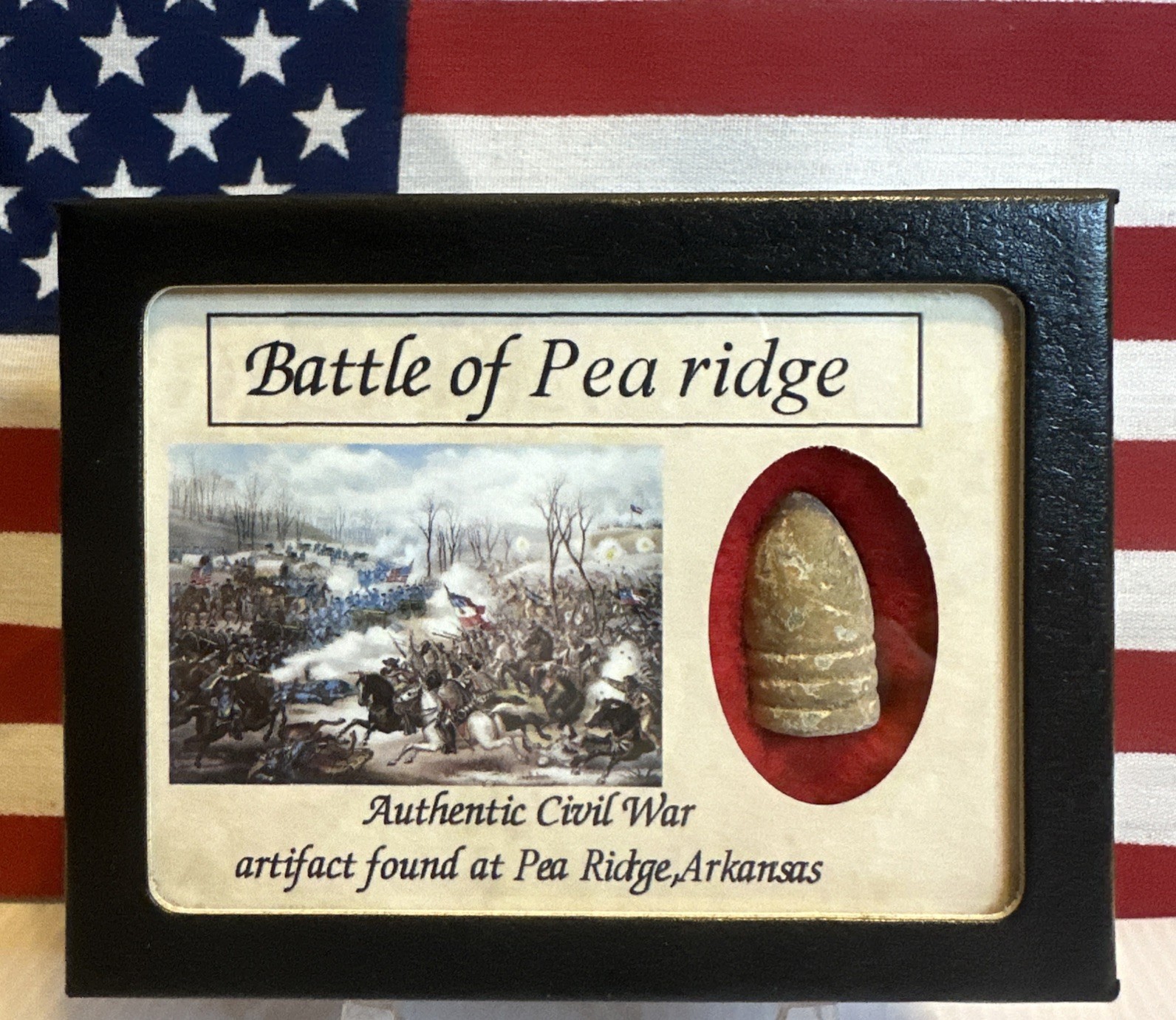 Civil War Bullet from The Battle of Pea Ridge with Display Case,Color! with COA