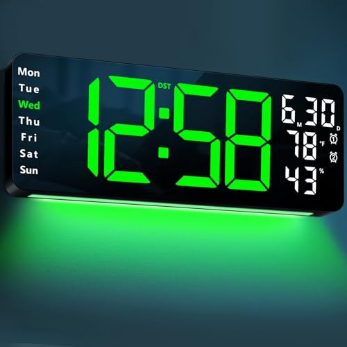 17.3" Large Digital Wall Mount Clock, Digital Clock with Remote Control, Green