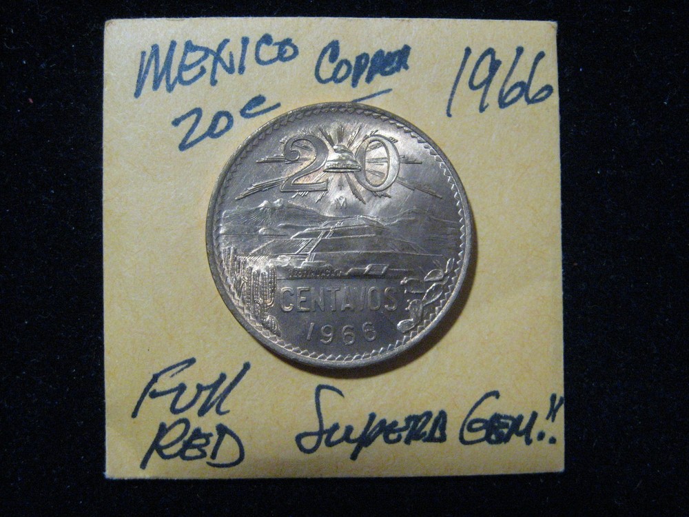 MEXICO 20 CENTAVOS BRONZE GEM RED 1966