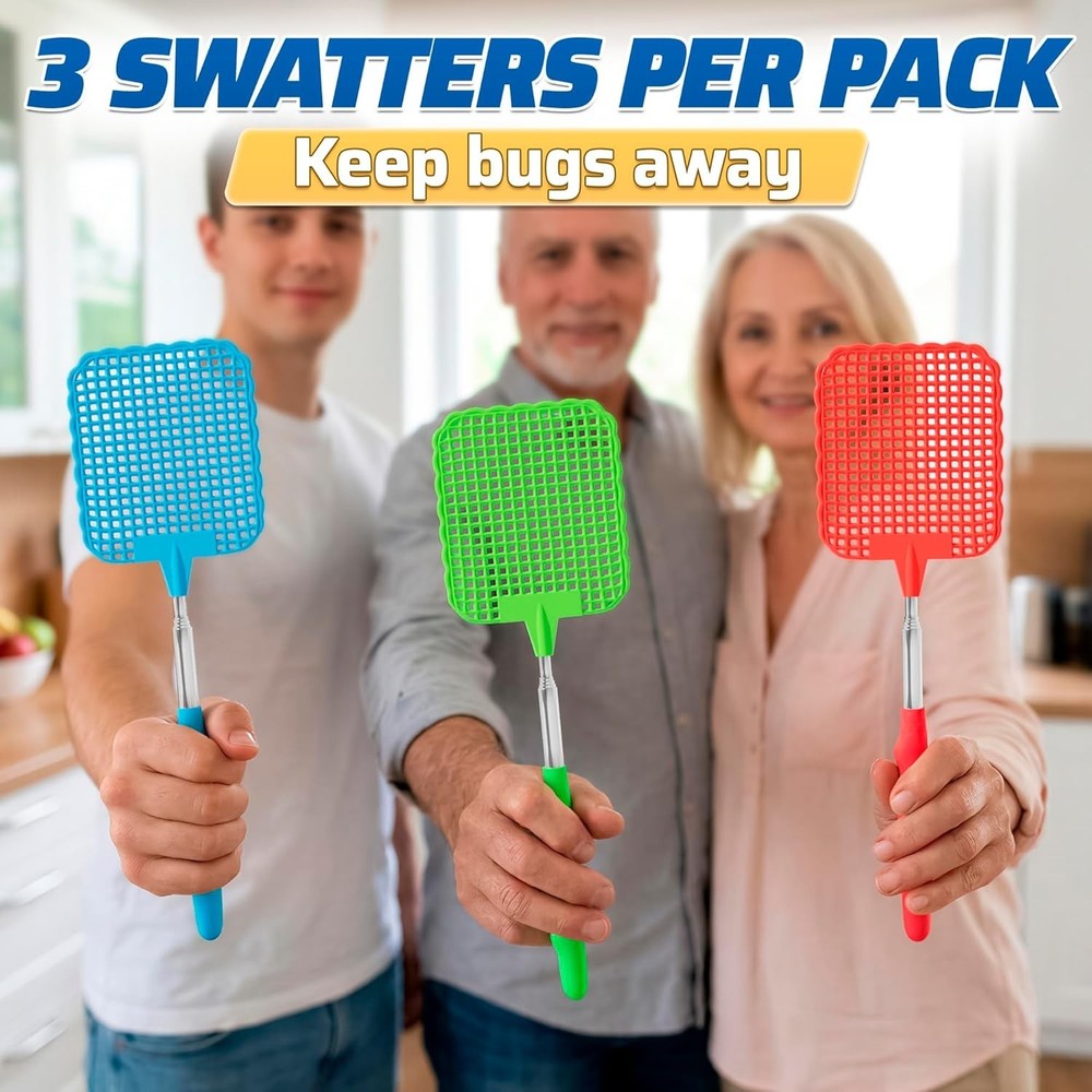 3-Pack Telescoping Fly Swatters - Extendable Stainless Steel Handle, Heavy Du...