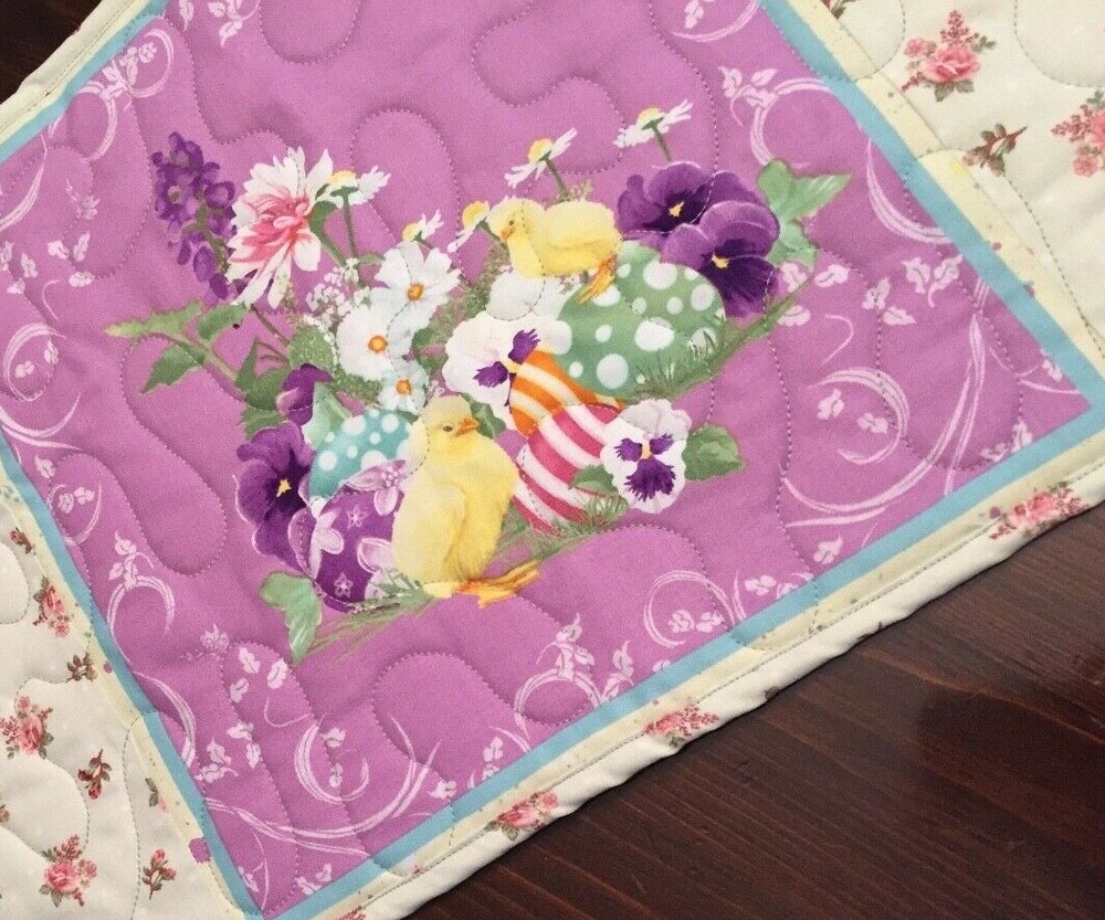 Handcrafted-Quilted Table Runner- Easter Print - Easter Chicks & Easter Eggs