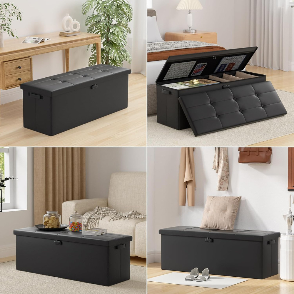Fireproof Folding Storage Ottoman with Handles & 2 Extra Boxes - Black