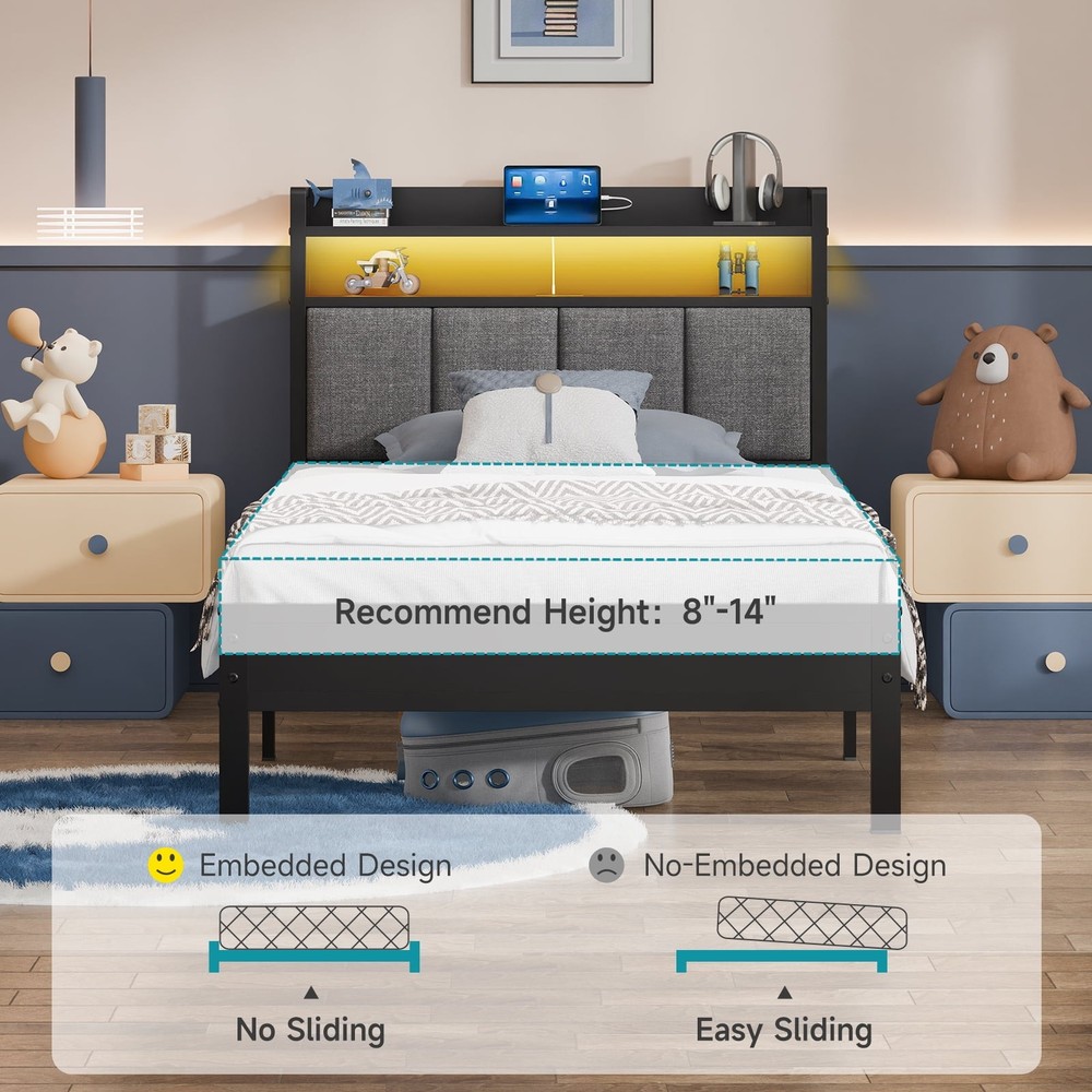 Storage Metal Platform Bed Frames with LED Light, Twin