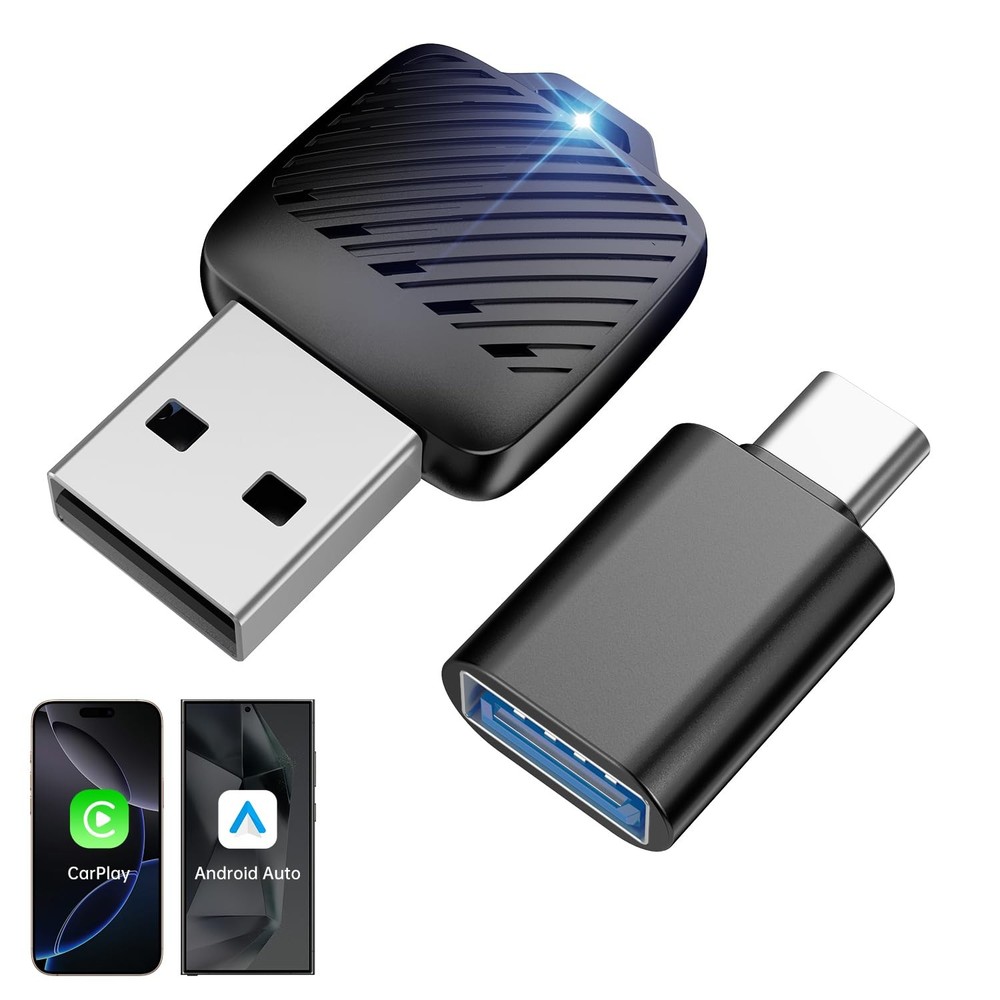 Android Auto & Wireless CarPlay Adapter with Type-C Transfer, 2-in-1 Mini Don...