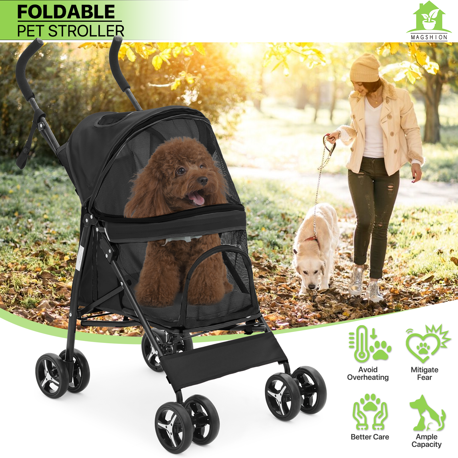Folding 4-Wheels Dog Stroller Portable Adjustable Canopy Pet Travel Carrier Cart