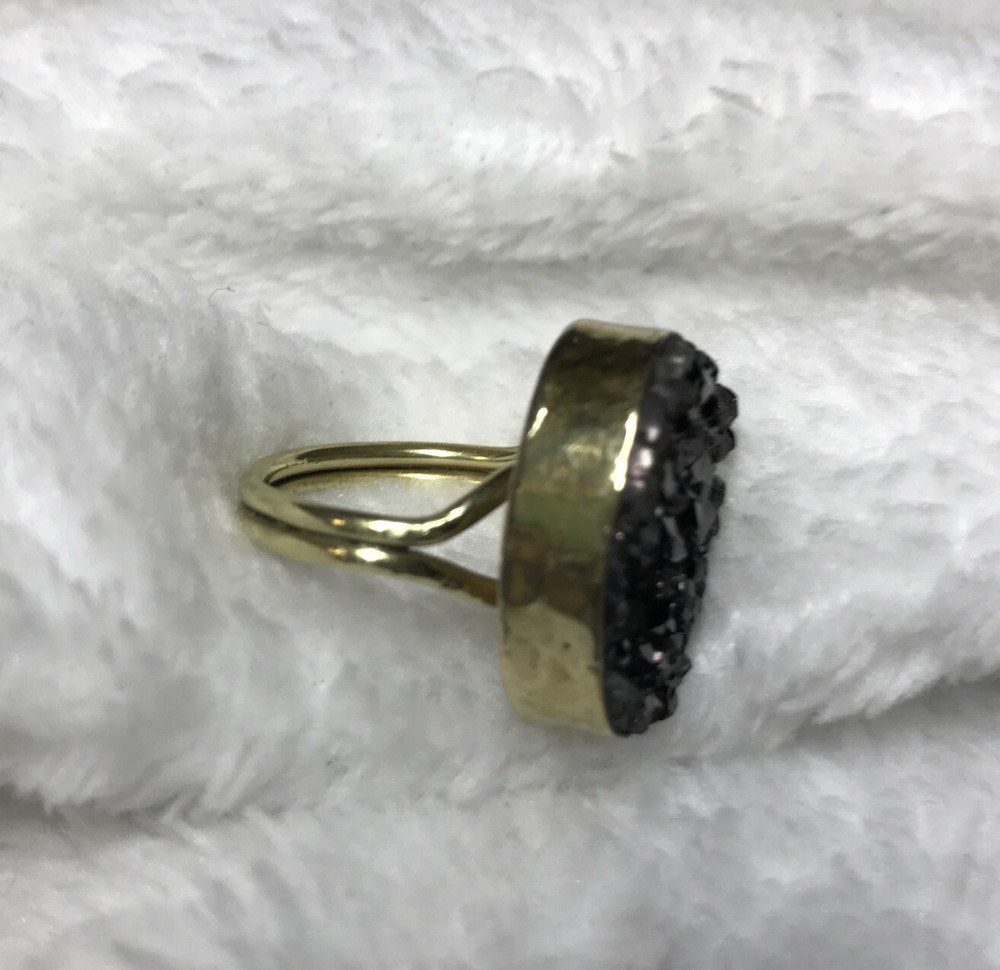 Bixbyite Druzy Gold Tone Black & Gray Adjustable Ring Statement Sparkly Ring