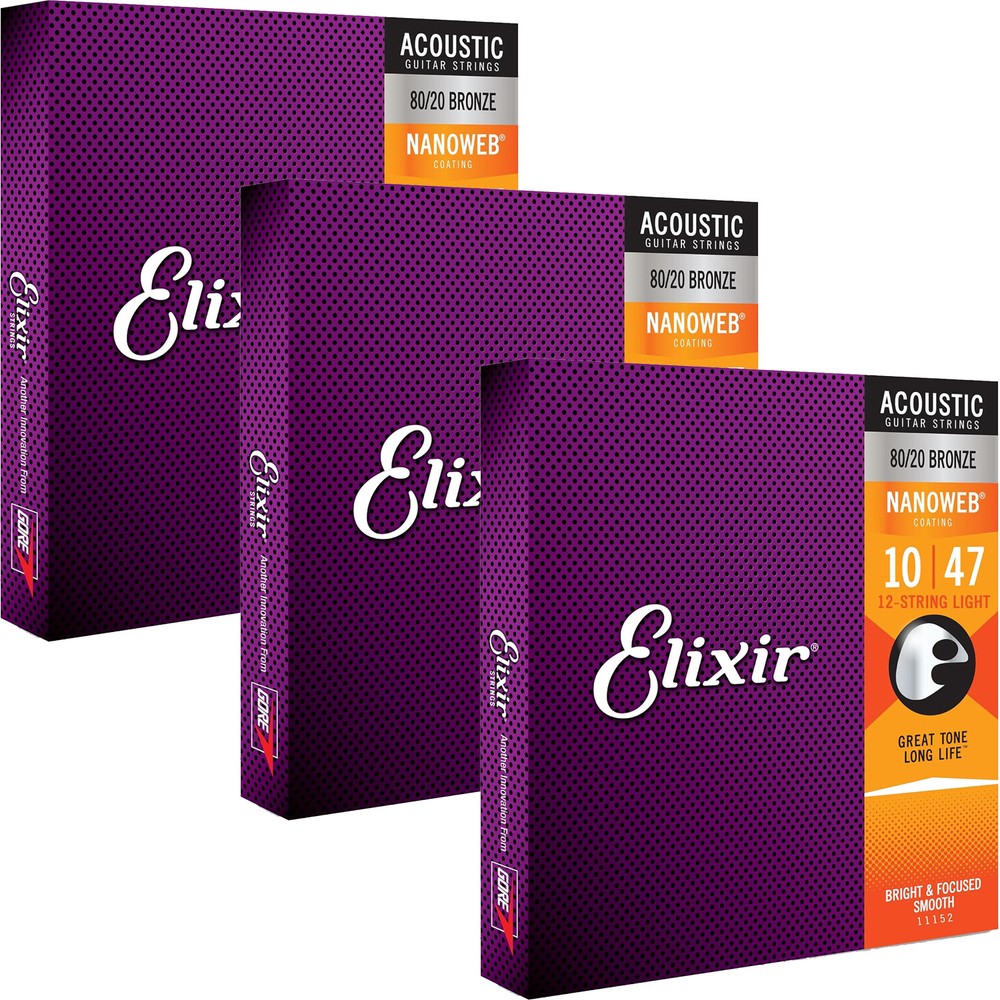 3 Sets Elixir 11152 NANOWEB 80/20 12-String Light Acoustic Guitar Strings
