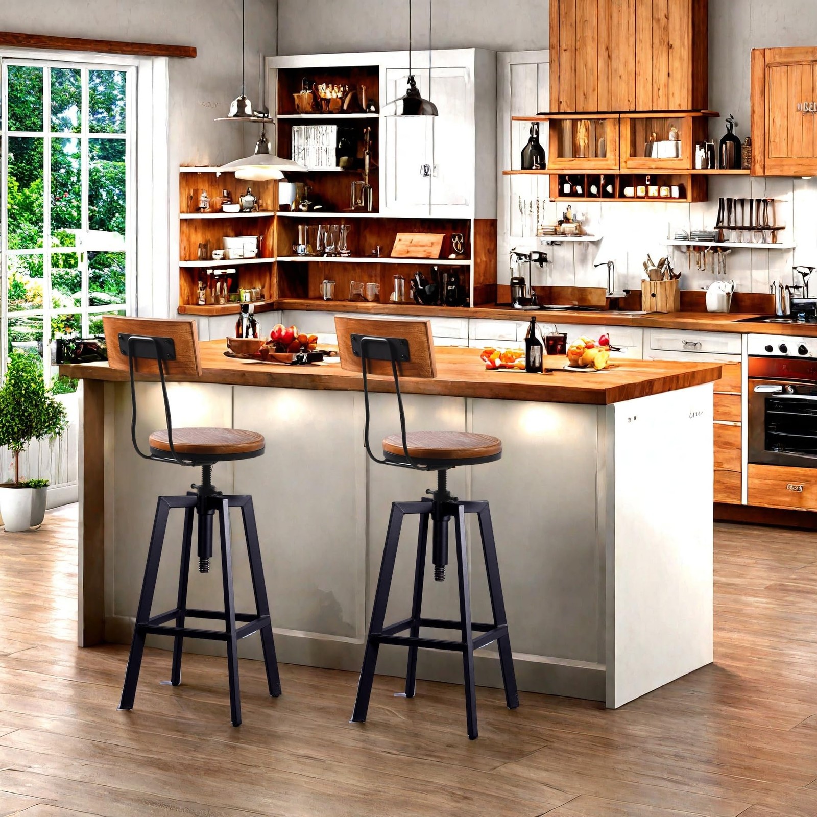 25"-32" Tall Adjustable Swivel Stools with Backrest Industrial Farmhouse