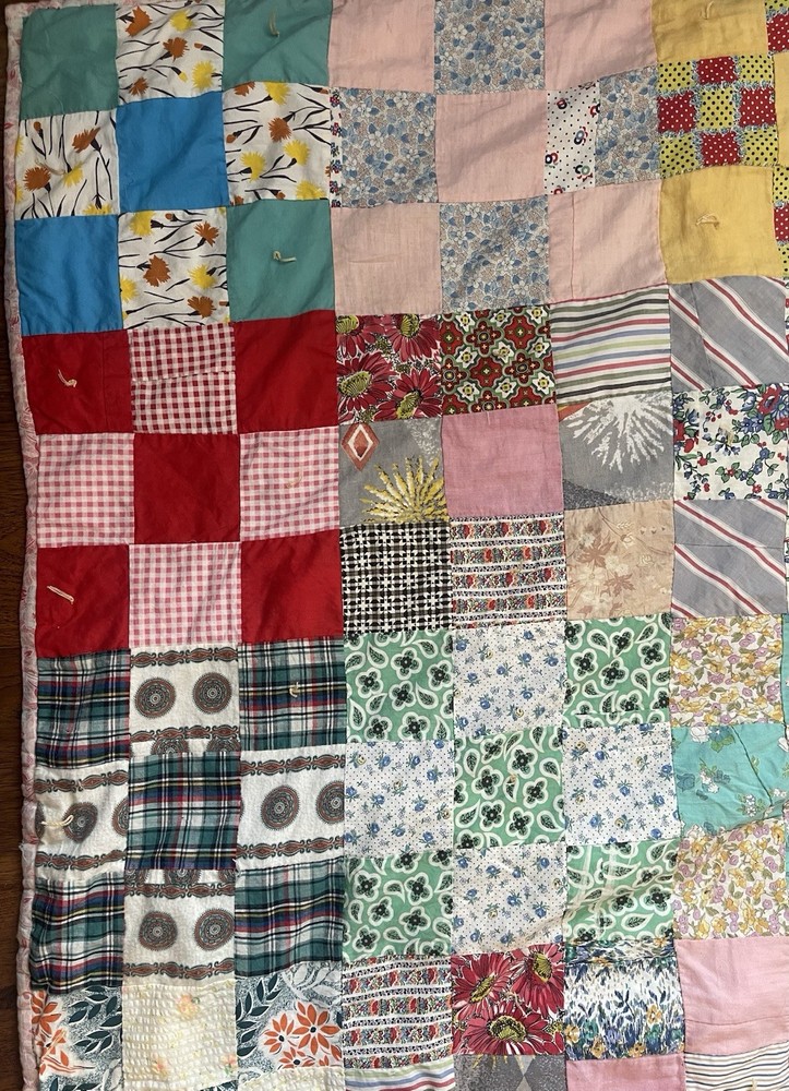 1940's Postage Stamp Patchwork Quilt - Flour Sack Prints Handmade 80"x 106"