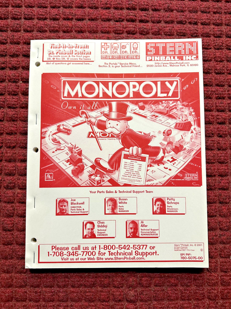 Stern Monopoly Pinball Manual - Original