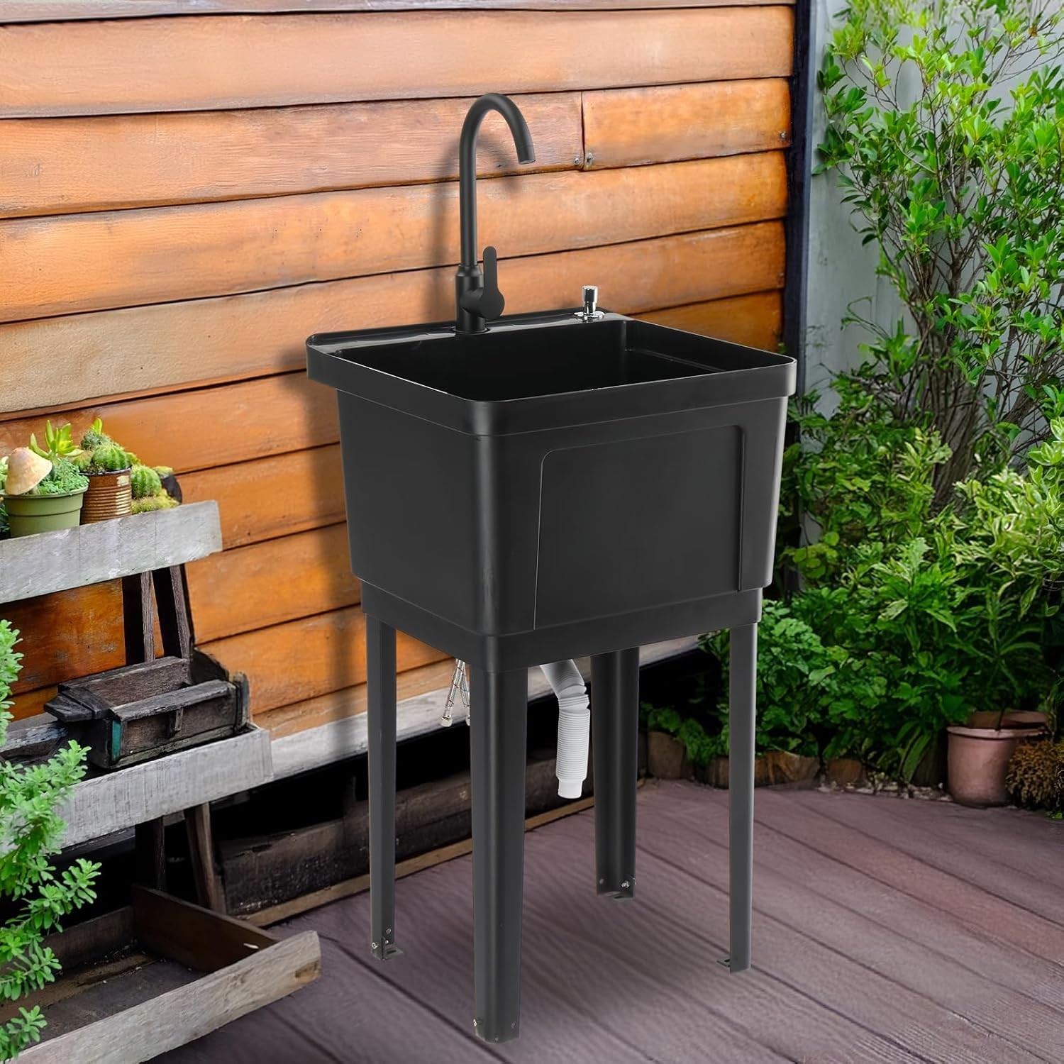 Plastic Utility Sink, Freestanding Sink with Hot&Cold Faucet, Soap Dispenser