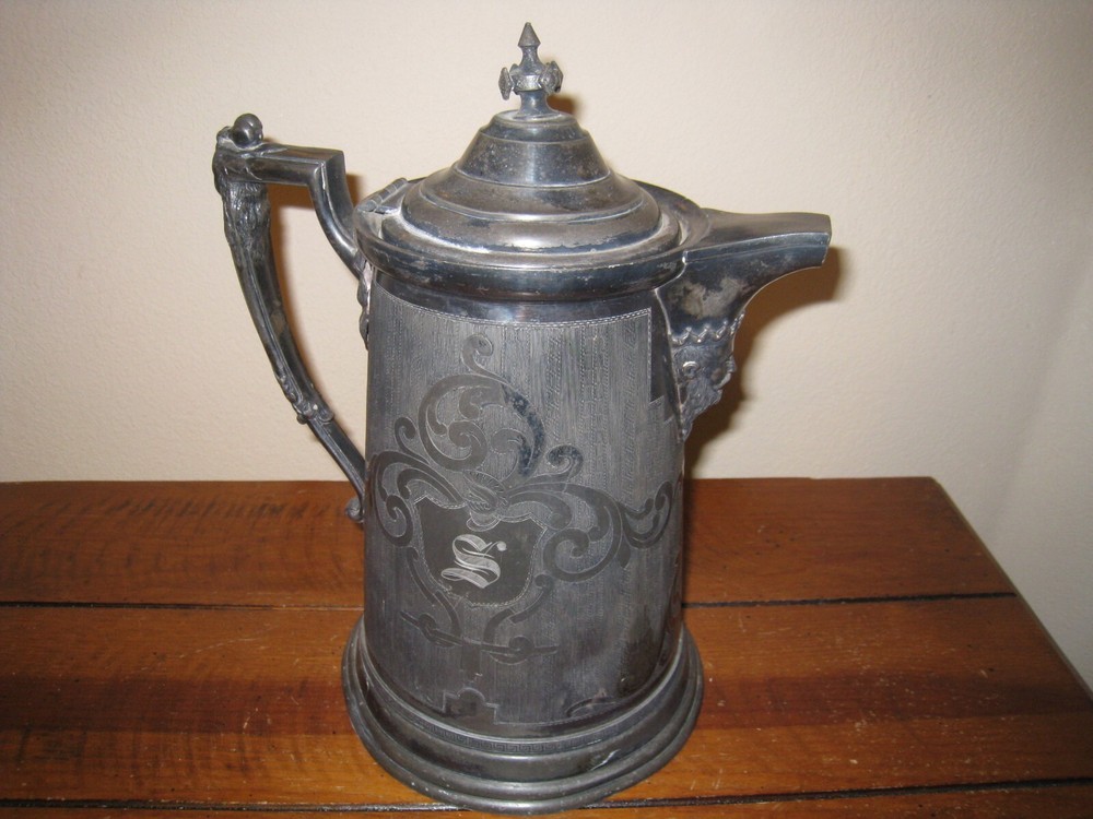 Antique Triple Plate Water Pitcher Figural Monogramed Etched