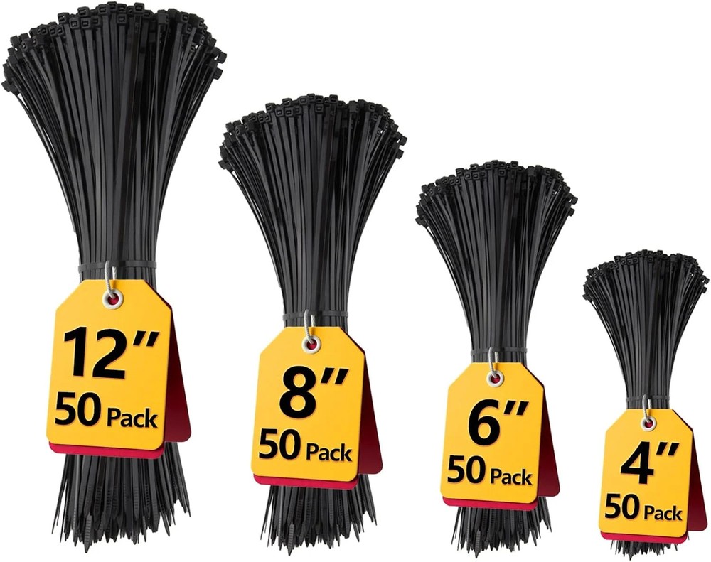 Black Cable Ties 200 Pack UV Resistant Assorted 4-12 Inch Set
