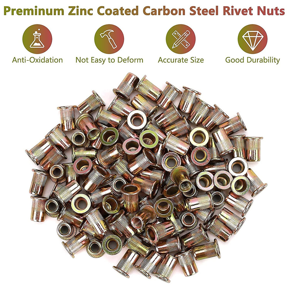 100Pcs M6 Rivet Nuts, M6 Flat Head Rivnut Threaded Insert Nuts with Knurled Body