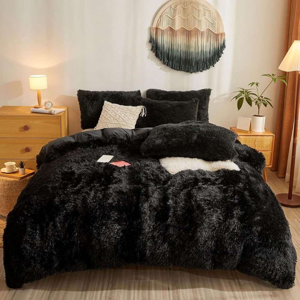 Faux Fur Black Comforter Set Queen，Down Alternative Queen,