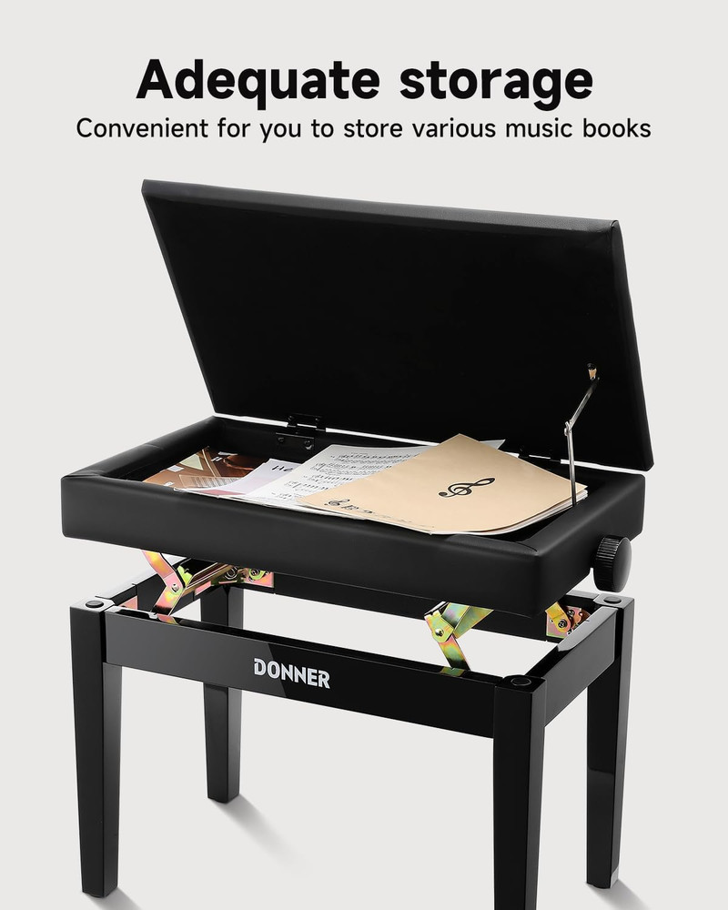 Adjustable Piano Bench with Storage & Cushion - Solid Wood Black Stool