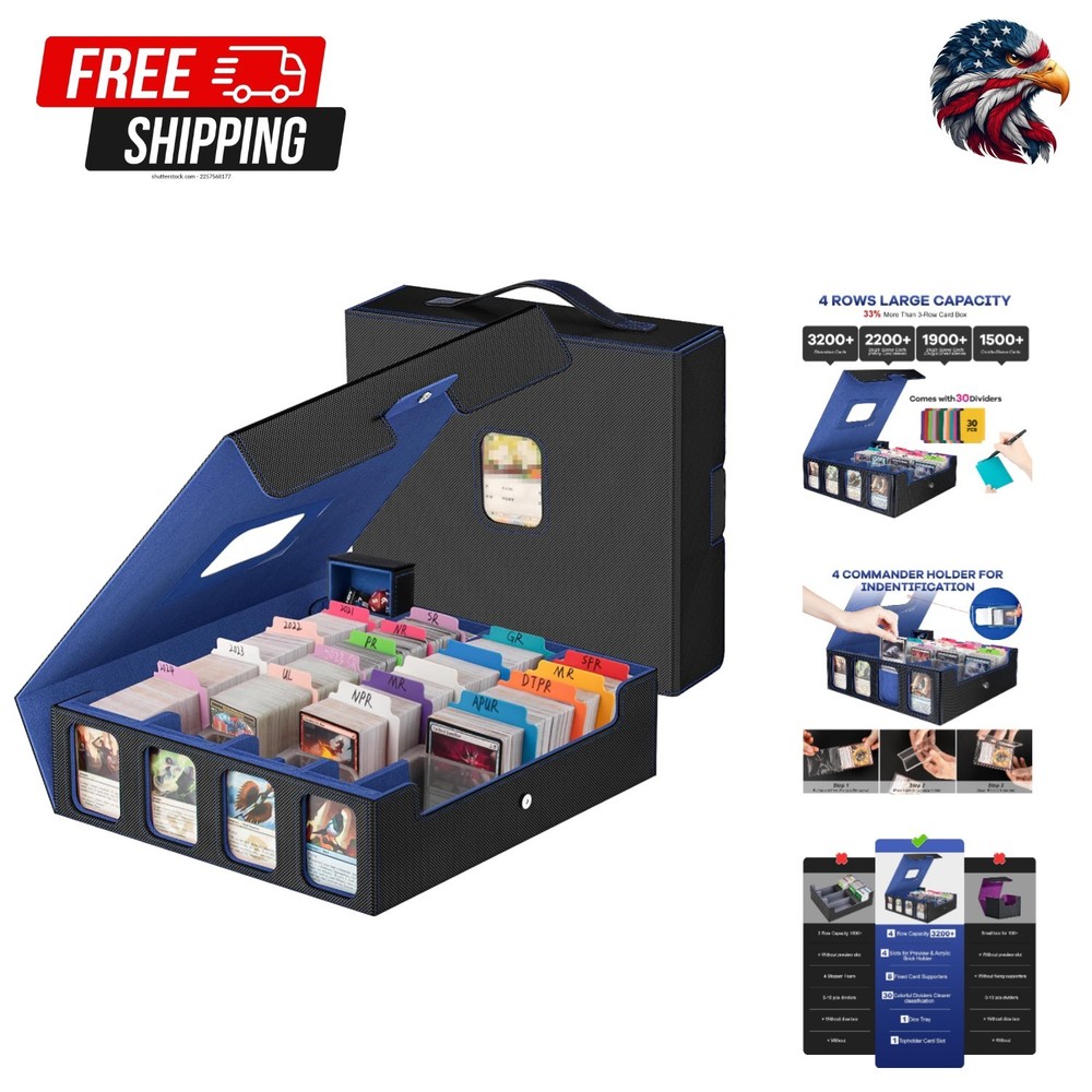 3200+ Trading Card Storage Box with Handle & 4 Display Windows, Black